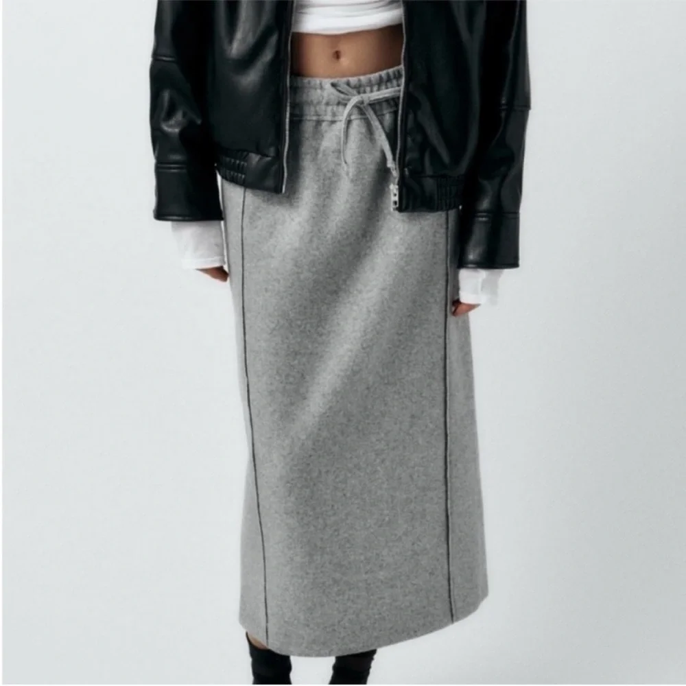 Zara, Mid-Gray, STRAIGHT FELT TEXTURE SKIRT, Large